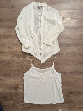 Embroidered White Cream Embroidered Camisole with Sheer Open-Front Blouse